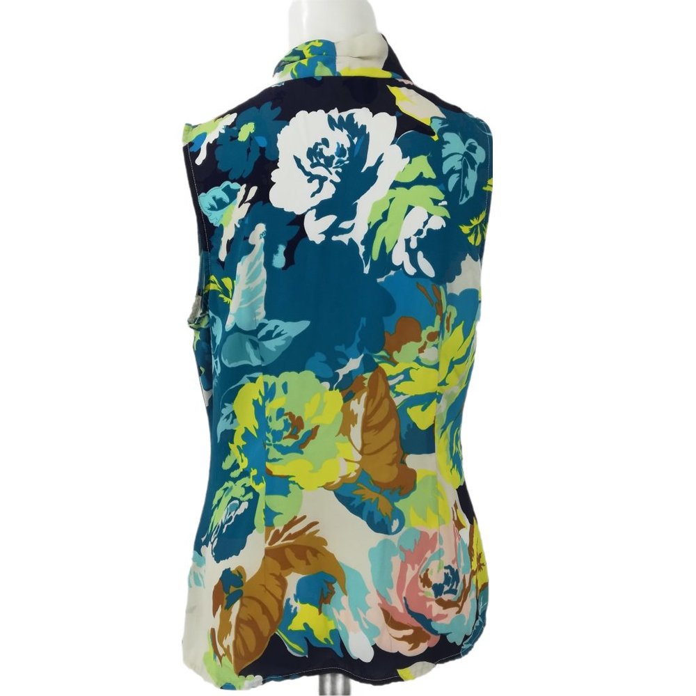 Cabi Spring Blossom Faux Wrap Blouse Size M Draped Sleeveless V-Neck Blue - Picture 9 of 12